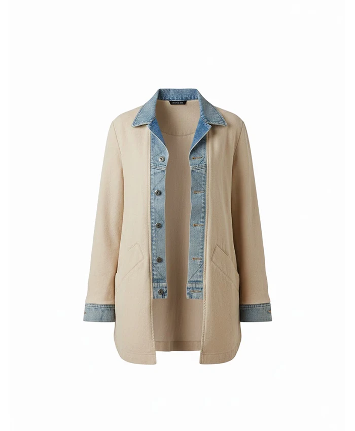 Christa Miller Shrinking S03 Beige Denim Trim Coat For Sale