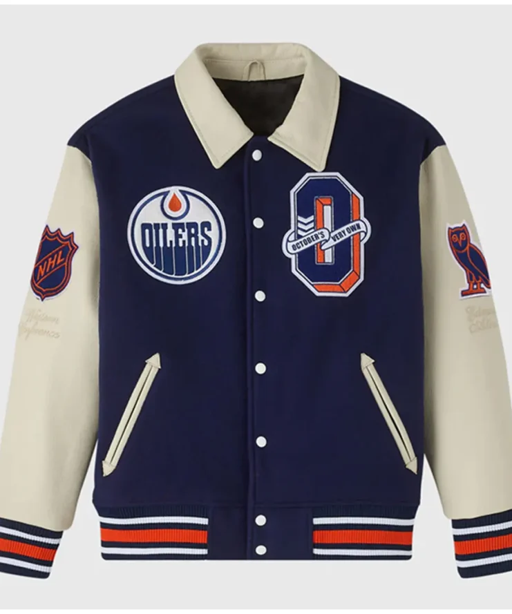 Edmonton Oilers Navy and Beige Varsity Jacket