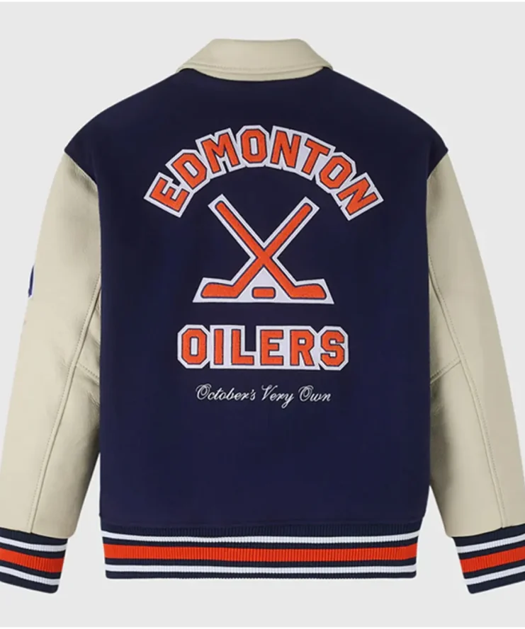 Edmonton Oilers Navy and Beige Varsity Jacket For Sale
