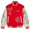 Famke Janssen Keith Haring Heart Face Red and White Varsity Jacket