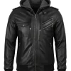 Free Venezuela Black Leather Hooded Bomber Jacket