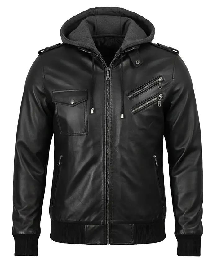 Free Venezuela Black Leather Hooded Bomber Jacket