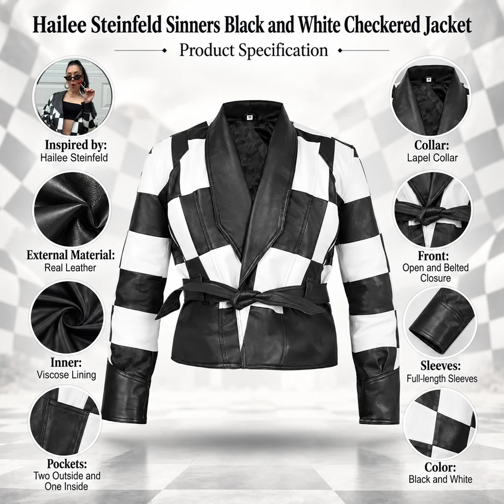 Hailee Steinfeld Sinners Black and White Checkered Jacket Infographic