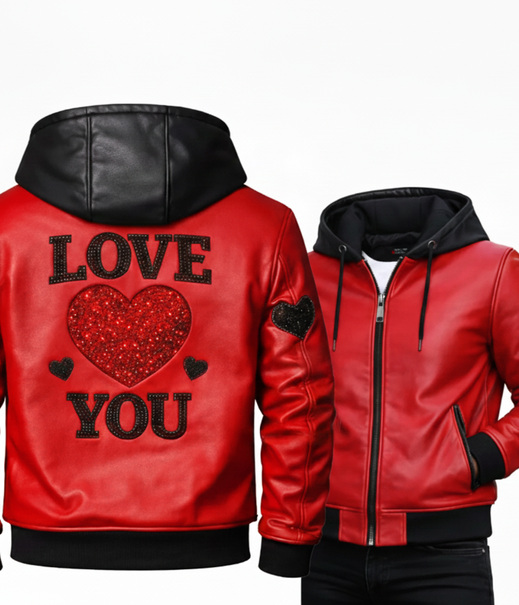 LOVE YOU Red Leather Hooded Valentine Jacket