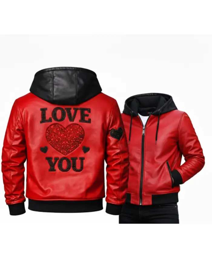 LOVE YOU Red Leather Hooded Valentine Jacket