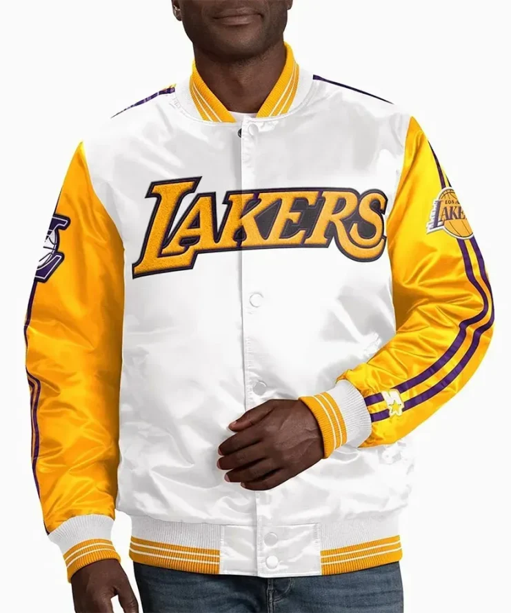 Los Angeles Lakers White and Yellow Varsity Satin Jacket