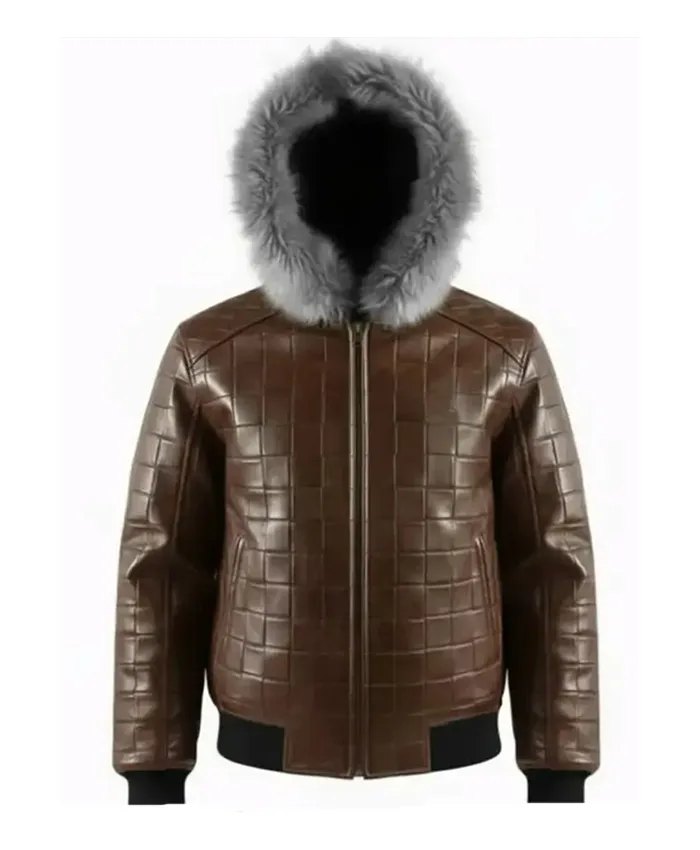 Men’s Brown Quilted Fur Hood Leather Jacket For Sale