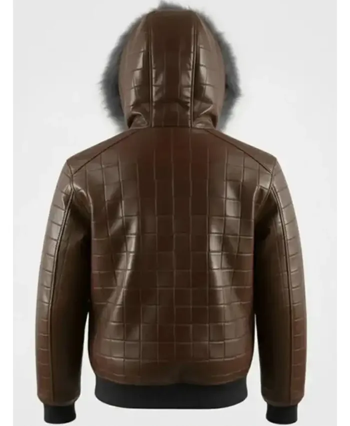 Men’s Brown Quilted Fur Hood Leather Jacket
