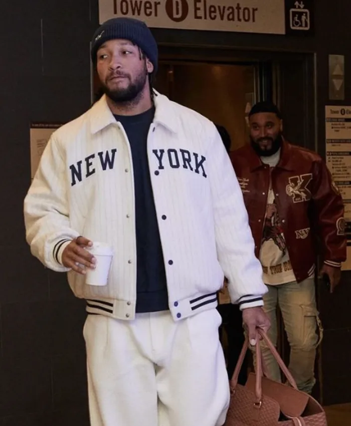 New York Super Bowl 2026 Off-White Varsity Jacket