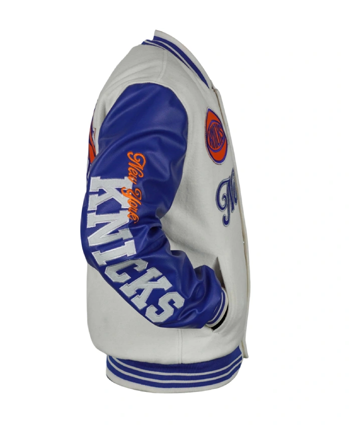 Ny Knicks Cream And Royal Varsity Leather And Wool Jacket For Sale
