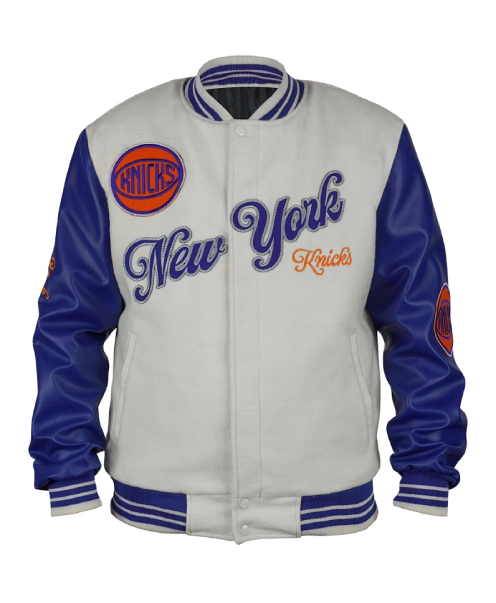 Ny Knicks Cream And Royal Varsity Leather And Wool Jacket