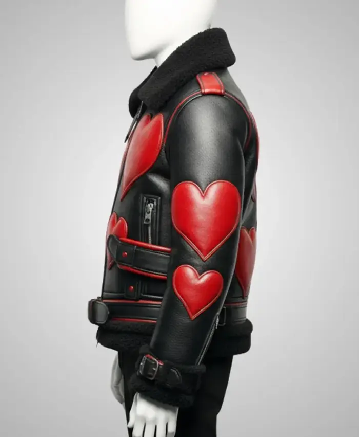 Red Heart Black Leather Shearling Jacket For Sale
