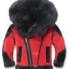 Red and Black Shearling Hooded Leather Jacket