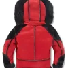 Red and Black Shearling Hooded Leather Jacket For Sale