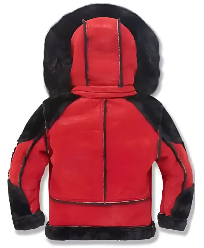 Red and Black Shearling Hooded Leather Jacket For Sale