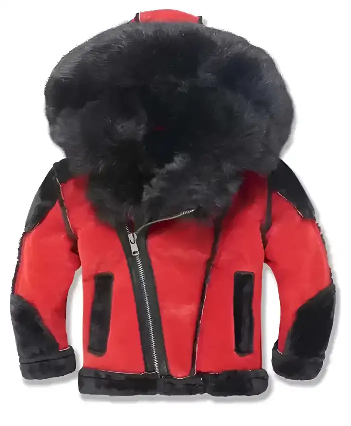 Red and Black Shearling Hooded Leather Jacket