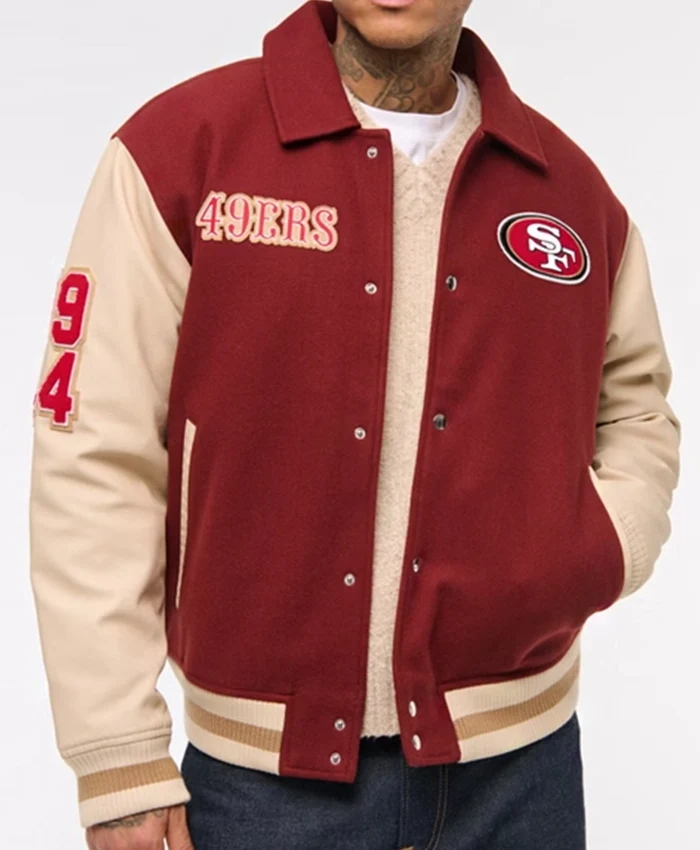 SF 49ers Red And Off-White Varsity Jacket For Sale