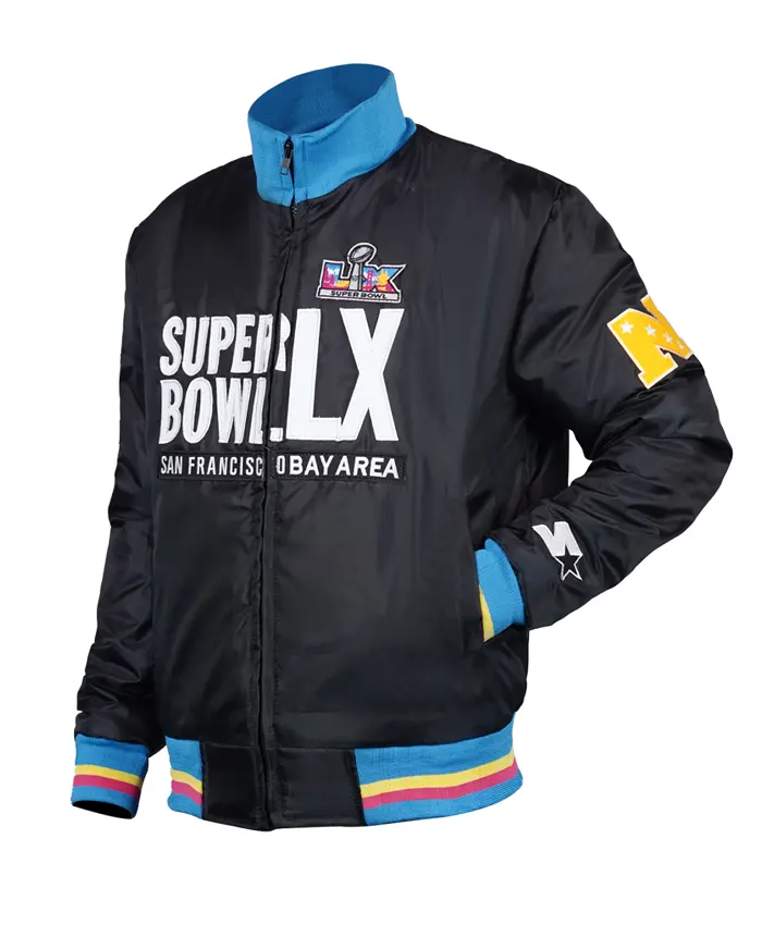 San Francisco Bay Area 2026 Super Bowl LX Black Satin Jacket with Multicolor Ribbed Cuffs and Hemline