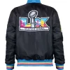 San Francisco Bay Area 2026 Super Bowl LX Black Satin Varsity Jacket with Multicolor Ribbed Cuffs and Hemline