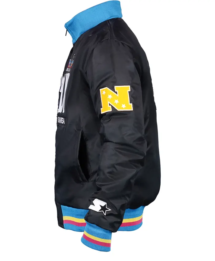 San Francisco Bay Area 2026 Super Bowl LX Black Satin Varsity Jacket with Multicolor Ribbed Cuffs