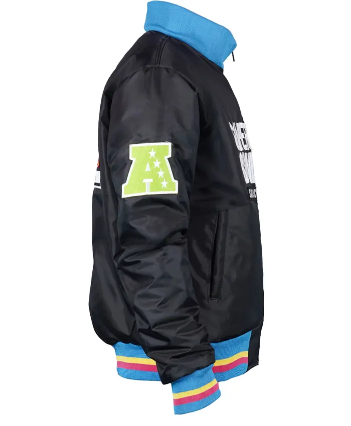 San Francisco Bay Area 2026 Super Bowl LX Black Satin Varsity Jacket with Ribbed Cuffs and Hemline