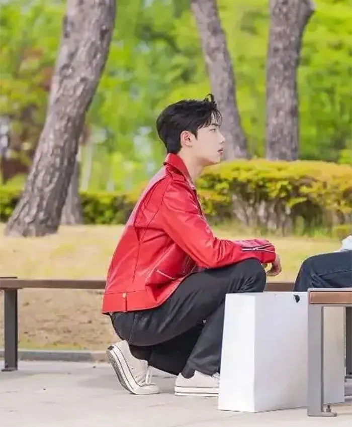 Shop Cho Jun-young Spirit Fingers Red Leather Jacket