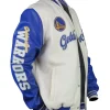 Shop Golden State Warriors Cream and Blue Varsity Jacket On Sale