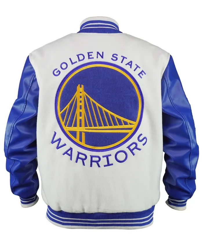 Shop Golden State Warriors Cream and Blue Varsity Jacket