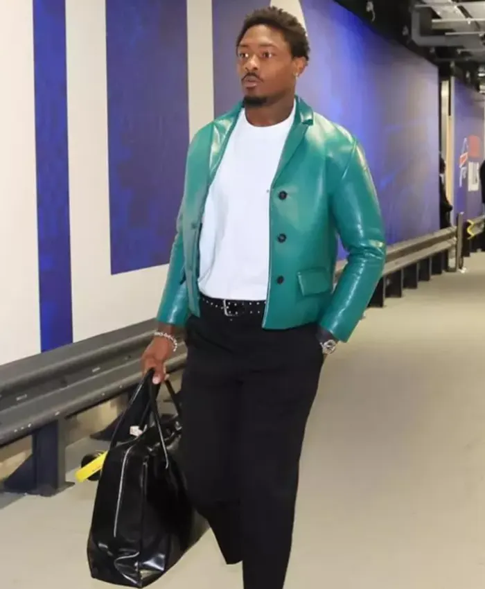 Stefon Diggs Miu Miu Teal Leather Cropped Jacket