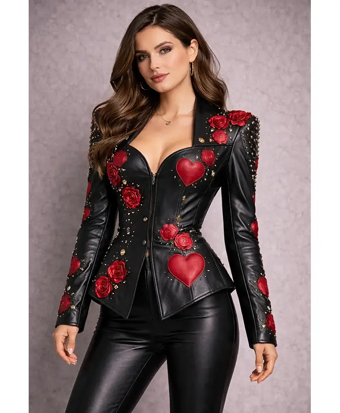 Valentine Day Rose and Heart Leather Jacket