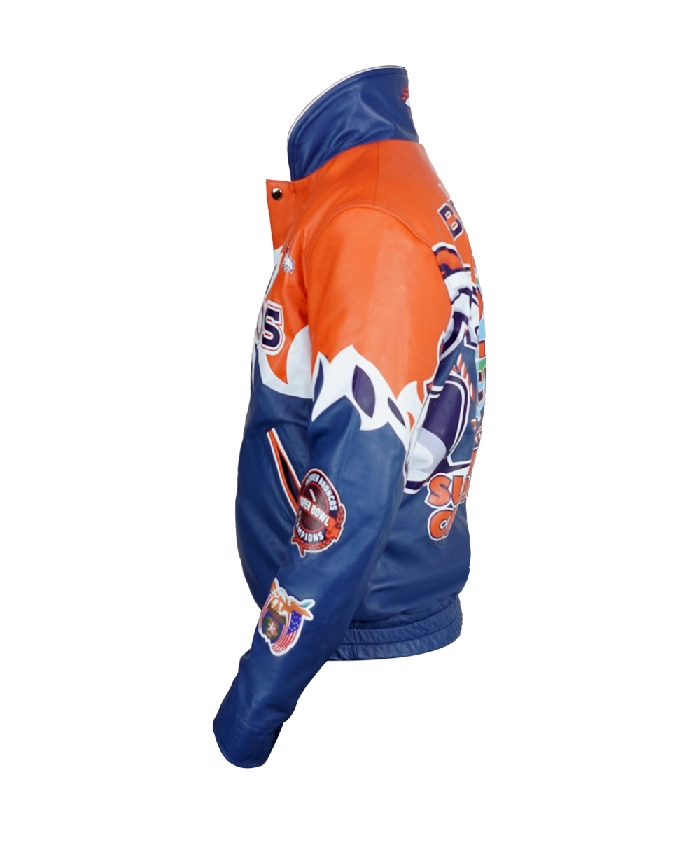 Shannon Sharpe Denver Broncos varsity jacket with premium embroidered team graphics