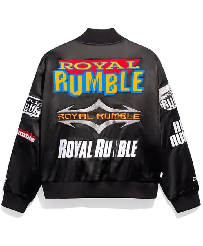 WWE Royal Rumble Historic Logos Black Satin Varsity Jacket
