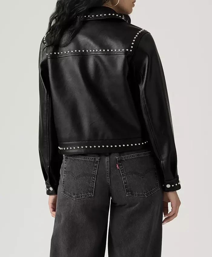 Women's Black Leather Studded Jacket For Sale