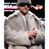 2026 Super Bowl LX Halftime Show Press Conference Bad Bunny Grey Shearling Coat