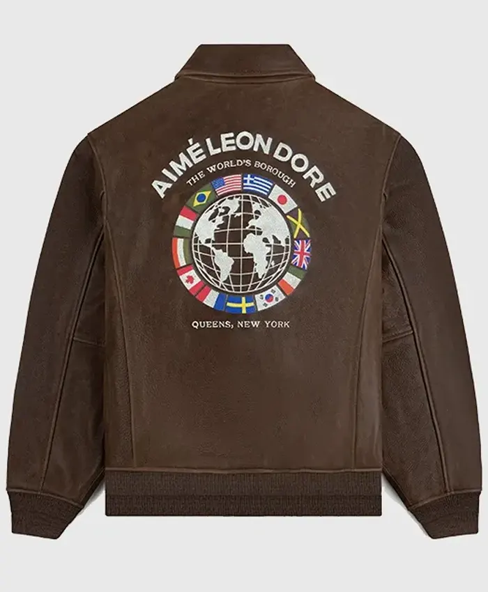 Aime Leon Dore Worlds Borough 2026 Brown Flight Leather Jacket