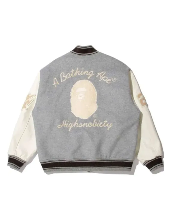Bape x Highsnobiety Grey Varsity Jacket For Sale