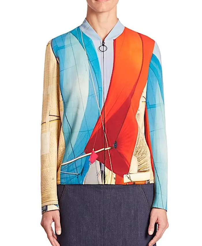 Billboard Power 100 Party 2026 Laura Perloff Akris Punto Multi Color Mainsail Print Bomber Jacket