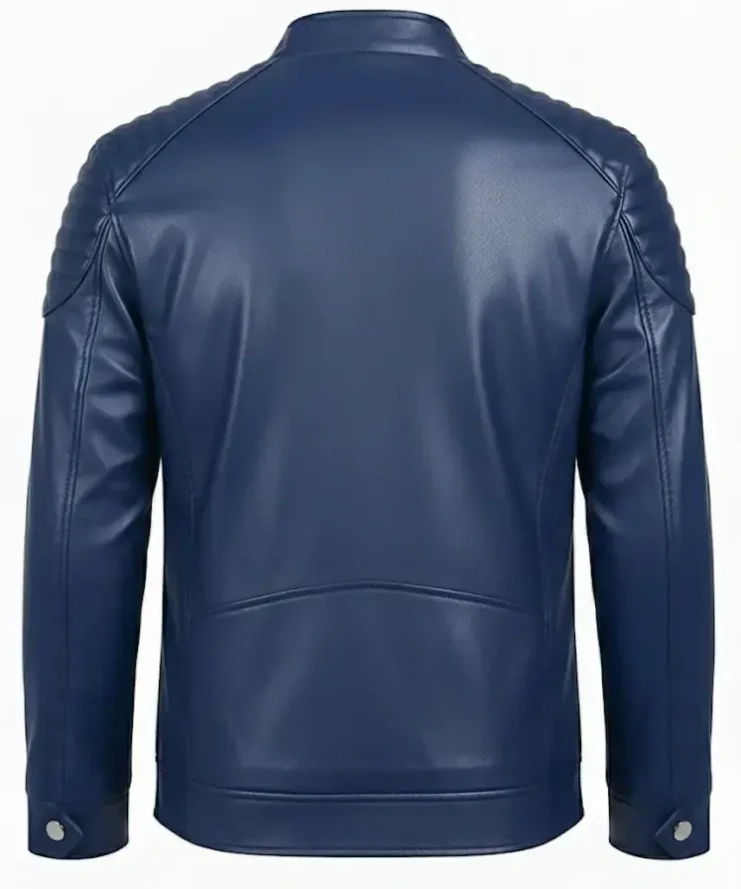 Buy Navy Blue Quilted Shoulder Biker Leather Jacket