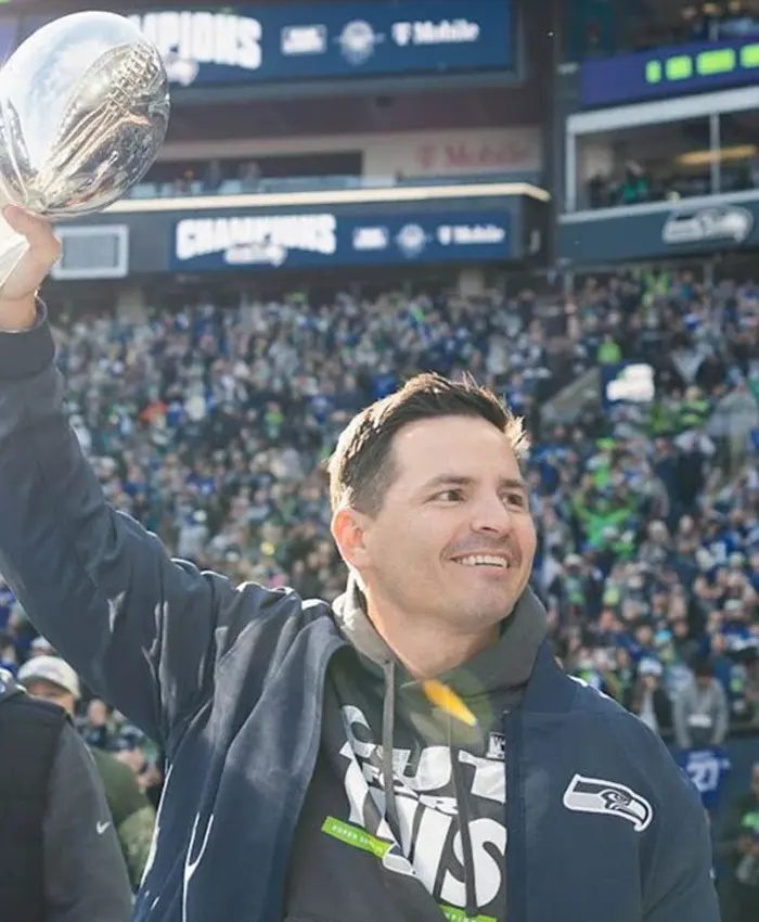 Coach Mike Macdonald Super Bowl LX Champions Parade Seattle Seahawks Navy Full-Zip Bomber Jacket