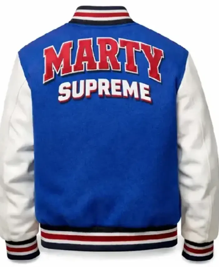 Marty Supreme Blue and White Letterman Varsity Jacket fot Men and Women