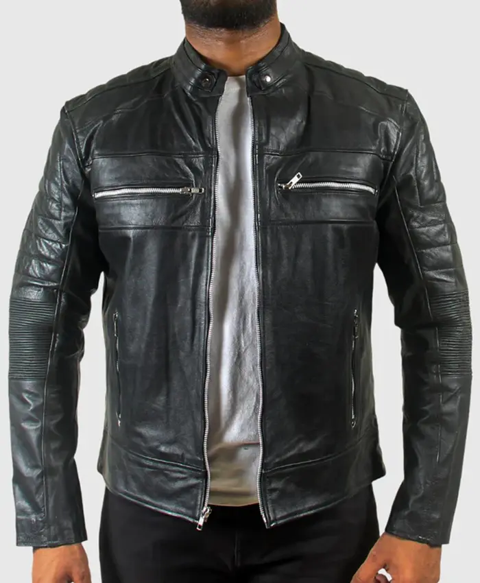 Mens Quilted Motorcycle Cafe Racer Leather Jacket