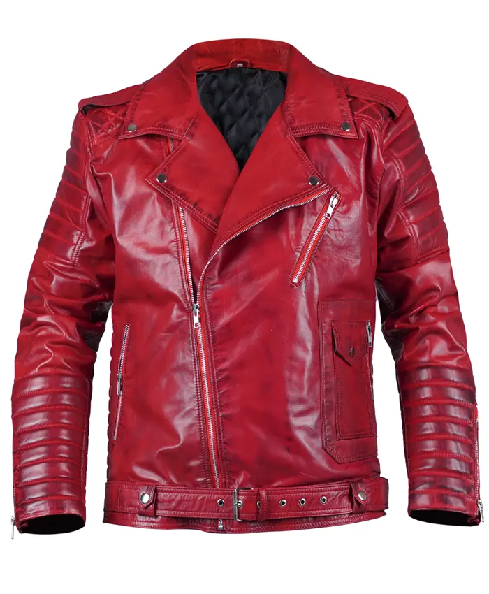 Men's Red Distressed Biker Leather Jacket