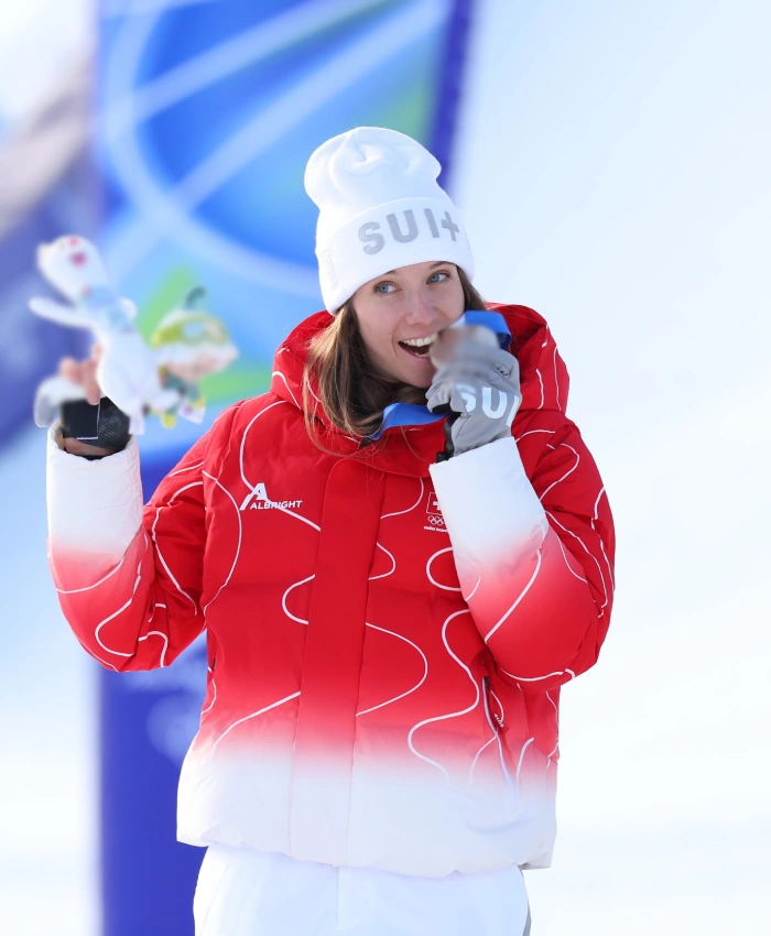 Milano Cortina Winter Olympics 2026 Camille Rast Red and White Hooded Puffer Jacket