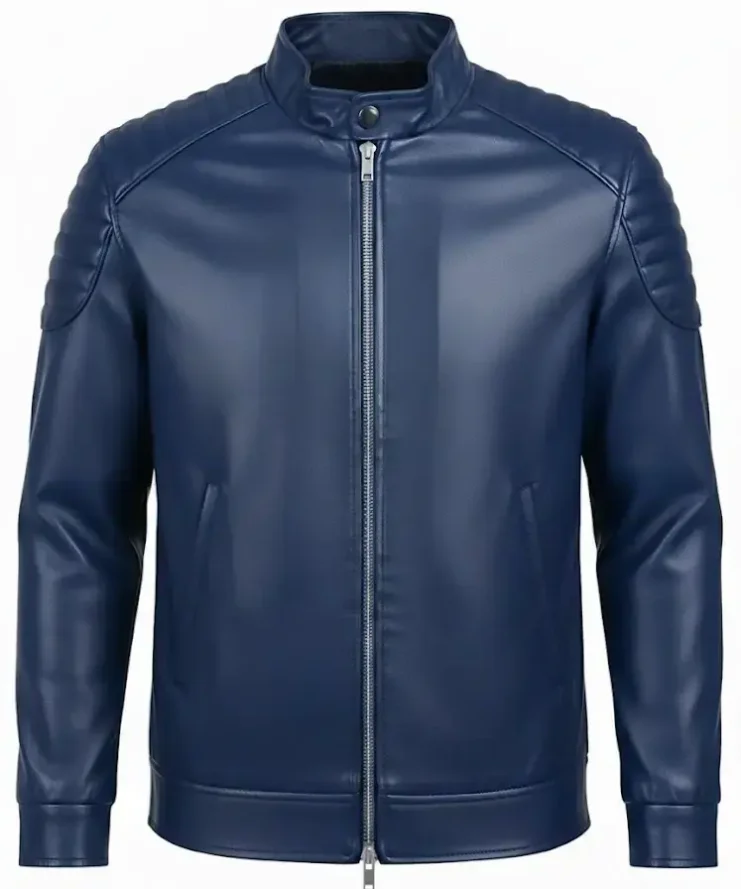 Navy Blue Biker Leather Jacket
