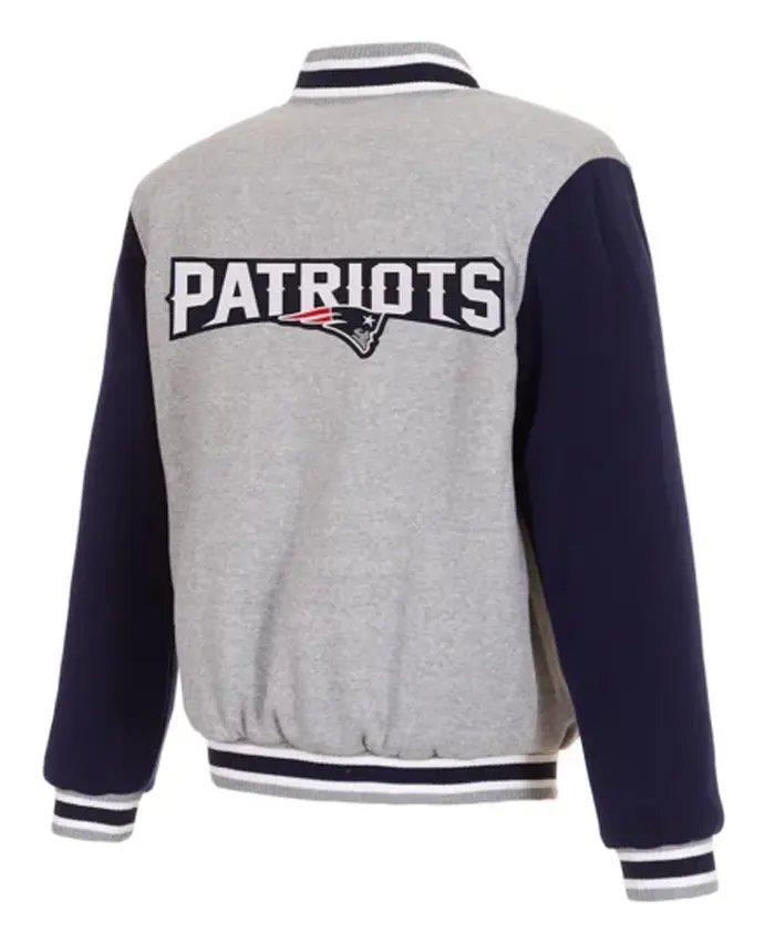 New England Patriots Grey and Blue Varsity Jacket For Sale