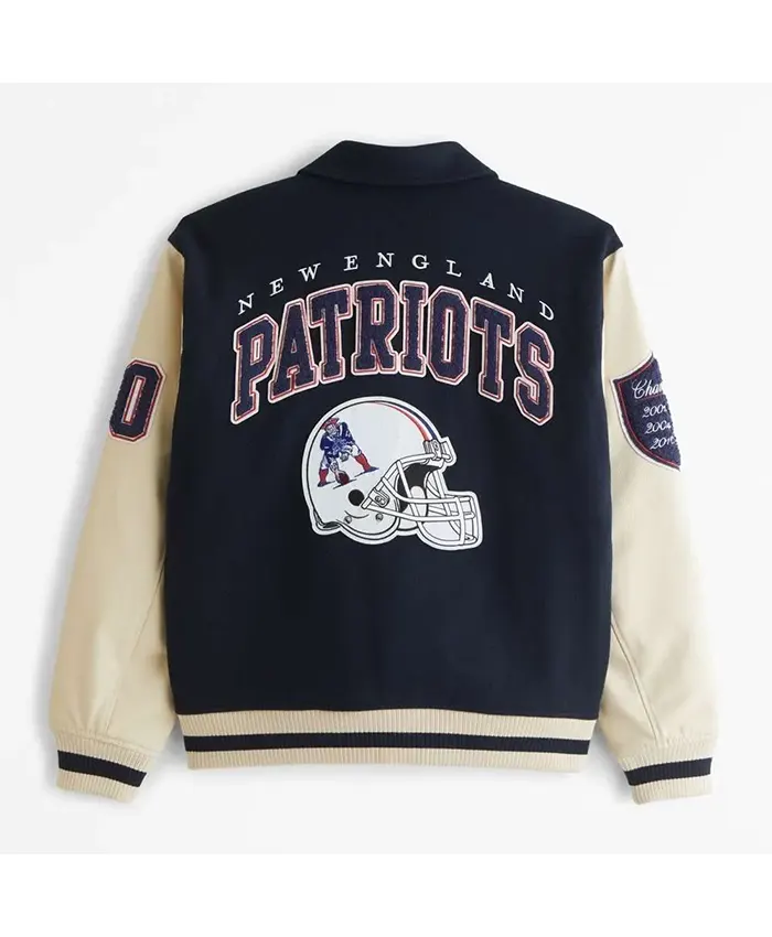 New England Patriots Navy and Off White Varsity Jacket For Sale