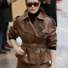 PFW 2026 Claire Foy Brown Leather Jacket
