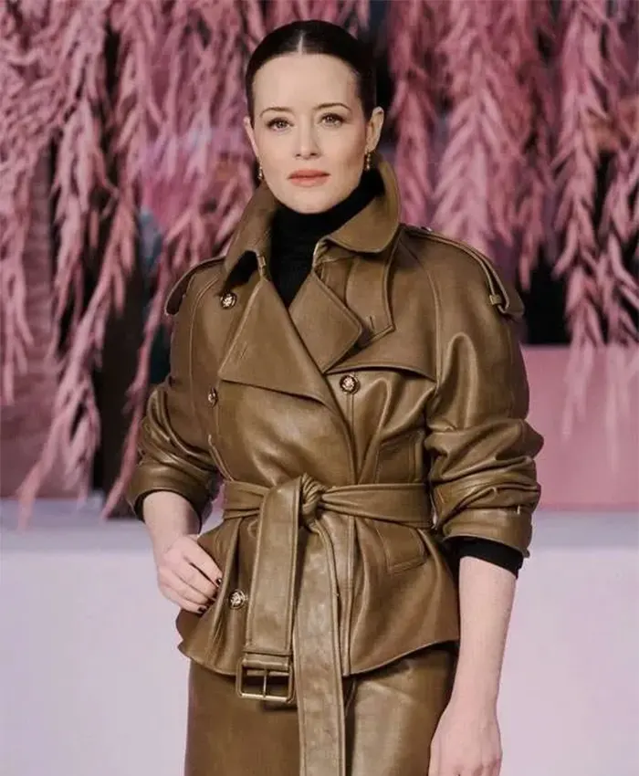 PFW 2026 Claire Foy Brown Leather Jacket For Sale