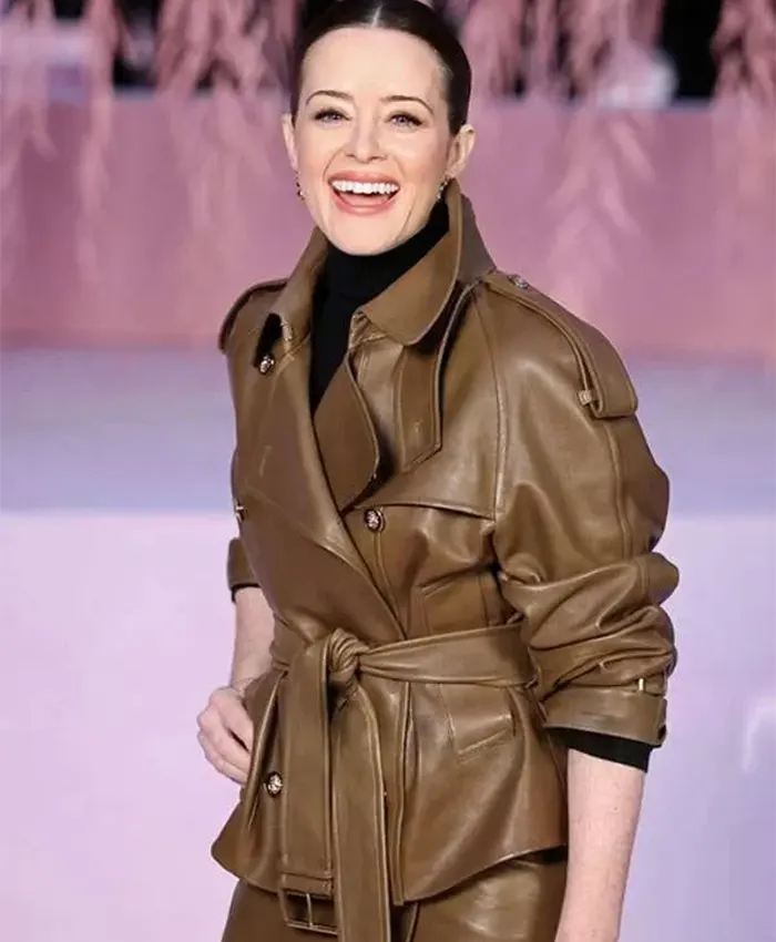 PFW 2026 Claire Foy Brown Leather Jacket Side