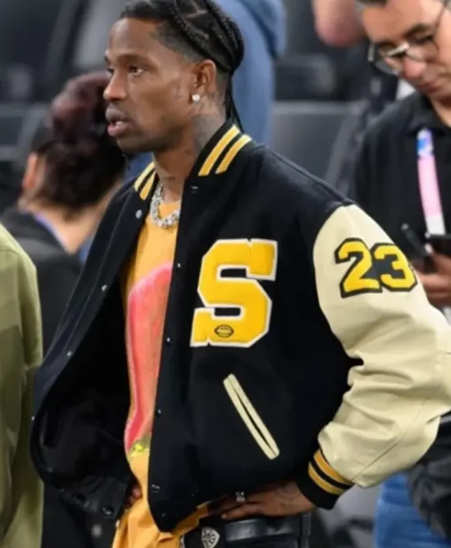 Paris Olympics 2024 Travis Scott Black and Off White Varsity Jacket - Get now